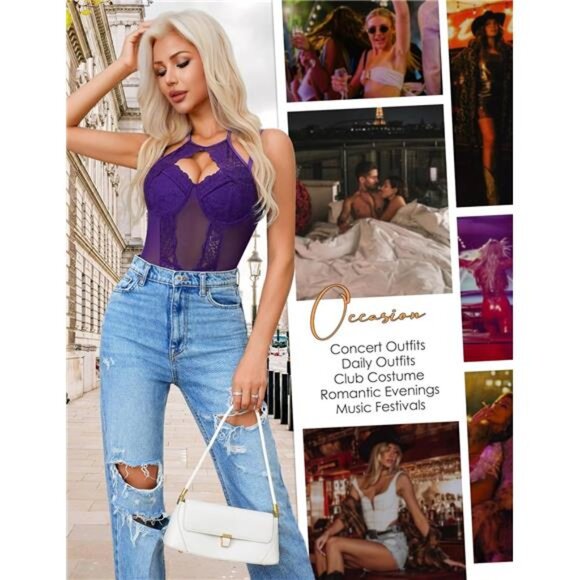 Women Teddy Lingerie Sexy Snap Crotch Lace Bodysuit Purple - Picture 3 of 5